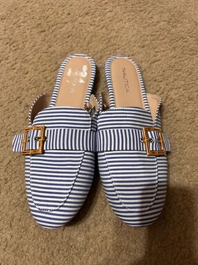 Nautica Striped Navy and White Buckle Backless Mules
